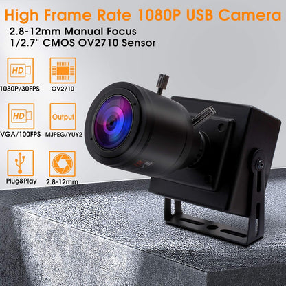 1080P USB Zoom Camera with 2.8-12Mm Manual Lens, HD Mini Camera 100Fps/60Fps/30Fps CMOS OV2710 Portable USB Webcam with Metal Case for PC & Laptop