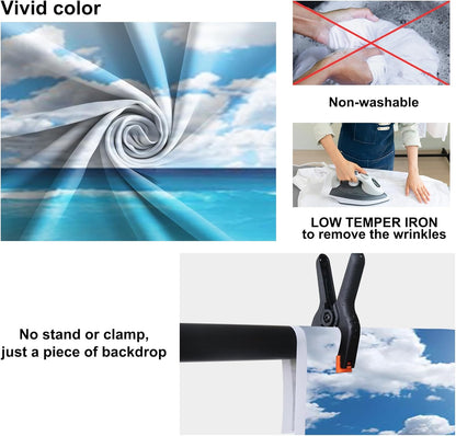 5X7Ft Seaside Beach Backdrop Blue Pure Sea Water Backdrops Blue Sky White Cloud Seaside Wedding Tropical Siesta Back Ddrop Holiday Festival Photo Shooting Props Booth Props