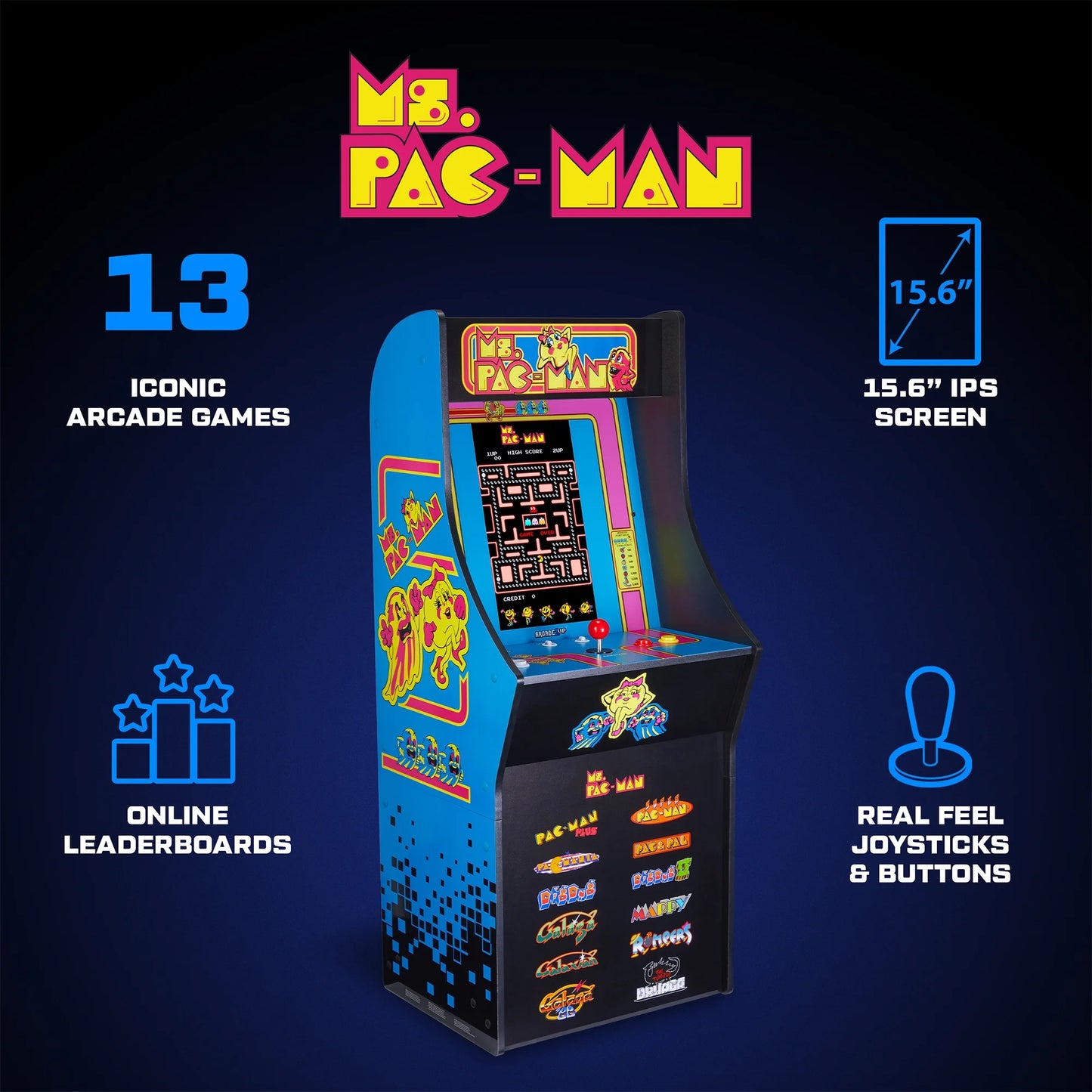 Ms. PAC - MAN Classic SE Arcade Machine – 4 - Foot Cabinet, 13 Classic Video Games, 15.6” IPS Display, Easy Assembly, Perfect for at - Home Gaming