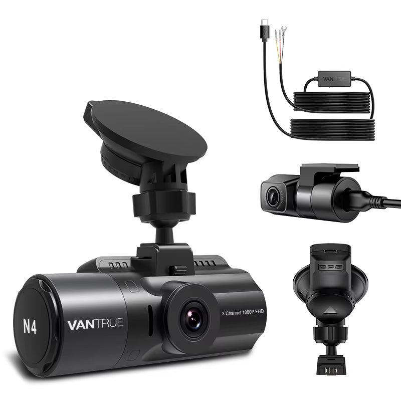 N4 3 Channel 4K Dashcam 4K+1080P Front and Rear Dash Camera IR Night Vision 24 Hours Parking Mode Support 256GB Max