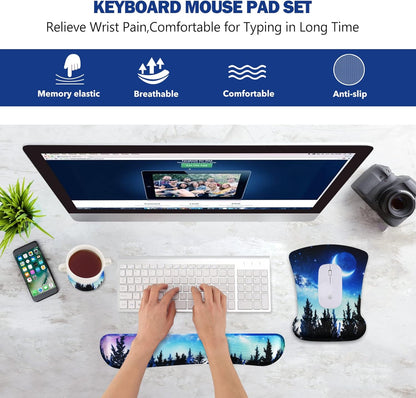 Ergonomic Keyboard Wrist Rest and Mouse Pad with Wrist Support Set, Memory Foam Non-Slip Rubber Base, for Gaming, Working, Home, Office, Easy Typing, Pain Relief, Forest Moon Sky