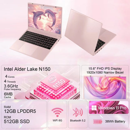 15.6" Laptop Computer, 12GB RAM 512GB SSD, FHD Display with Intel N150 (Up to 3.6Ghz), Windows 11 Pro Laptop, Fingerprint, Backlit KB, Pink