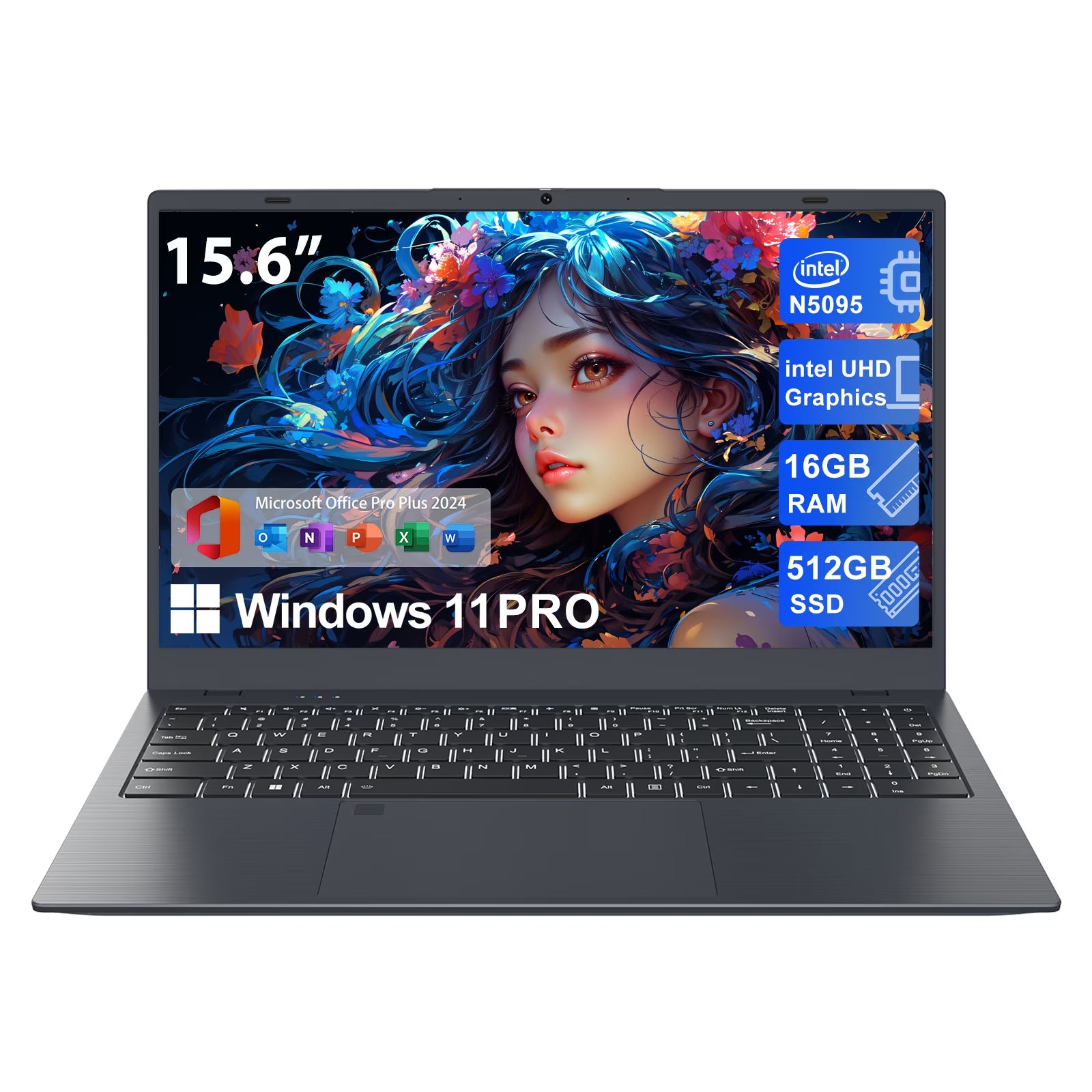 15.6" Windows 11 Pro Laptop, 16GB RAM 1TB SSD, Intel Celeron N5095 2.9Ghz with Office 2024 Fingerprint Backlit Keyboard 1920*1080 IPS FHD Display for Student, Home Office, Business