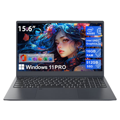 15.6" Windows 11 Pro Laptop, 16GB RAM 1TB SSD, Intel Celeron N5095 2.9Ghz with Office 2024 Fingerprint Backlit Keyboard 1920*1080 IPS FHD Display for Student, Home Office, Business