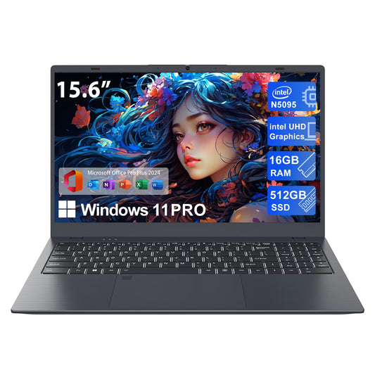 15.6" Windows 11 Pro Laptop, 16GB RAM 1TB SSD, Intel Celeron N5095 2.9Ghz with Office 2024 Fingerprint Backlit Keyboard 1920*1080 IPS FHD Display for Student, Home Office, Business
