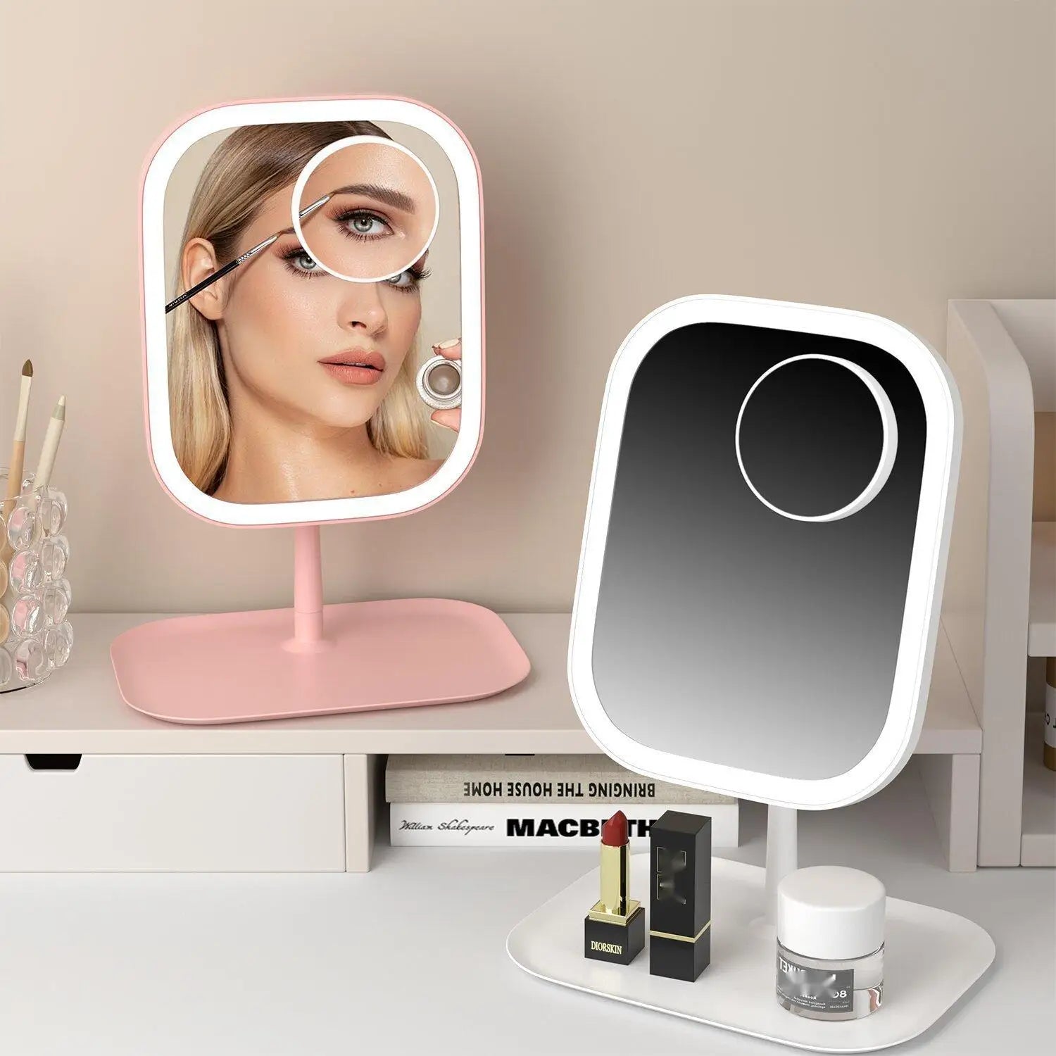 Rechargeable Lighting Makeup Mirror Portable LED Makeup Mirror Dimmable Magnifier Touch Control Storage Makeup Mirror
