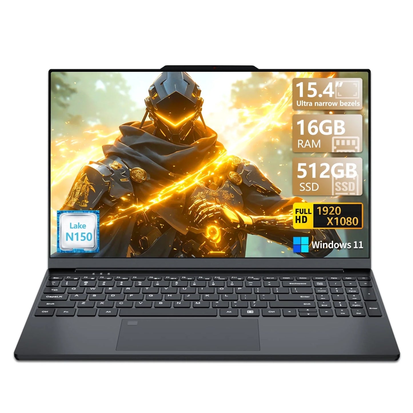 Narrow Bezel 15.4 Inch Laptop Computer with N150 Processor(Up to 3.6Ghz) 16GB RAM 512GB SSD FHD Premium Laptop,Wifi 5,BT 4.2,Fingerprint Unlocking,Backlit Keyboard, Windows 11 Pro