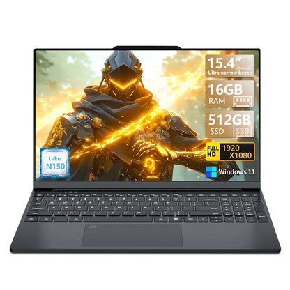 Narrow Bezel 15.4 Inch Laptop Computer with N150 Processor(Up to 3.6Ghz) 16GB RAM 512GB SSD FHD Premium Laptop,Wifi 5,BT 4.2,Fingerprint Unlocking,Backlit Keyboard, Windows 11 Pro