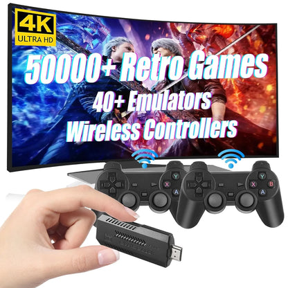 Wireless Retro Game Console, 128G HD Classic & 3D Games Stick Built in 40+ Emulators with 50000+ Games & Dual 2.4G Wireless Controllers, 4K HDMI Video Games for TV, Gift for Adults & Kids