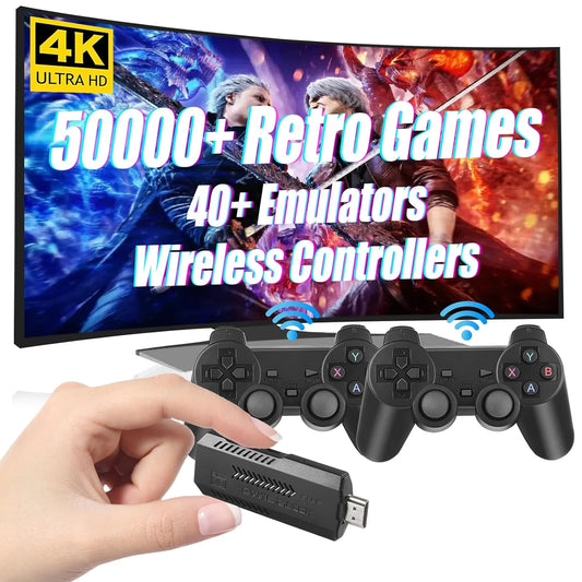 Wireless Retro Game Console, 128G HD Classic & 3D Games Stick Built in 40+ Emulators with 50000+ Games & Dual 2.4G Wireless Controllers, 4K HDMI Video Games for TV, Gift for Adults & Kids
