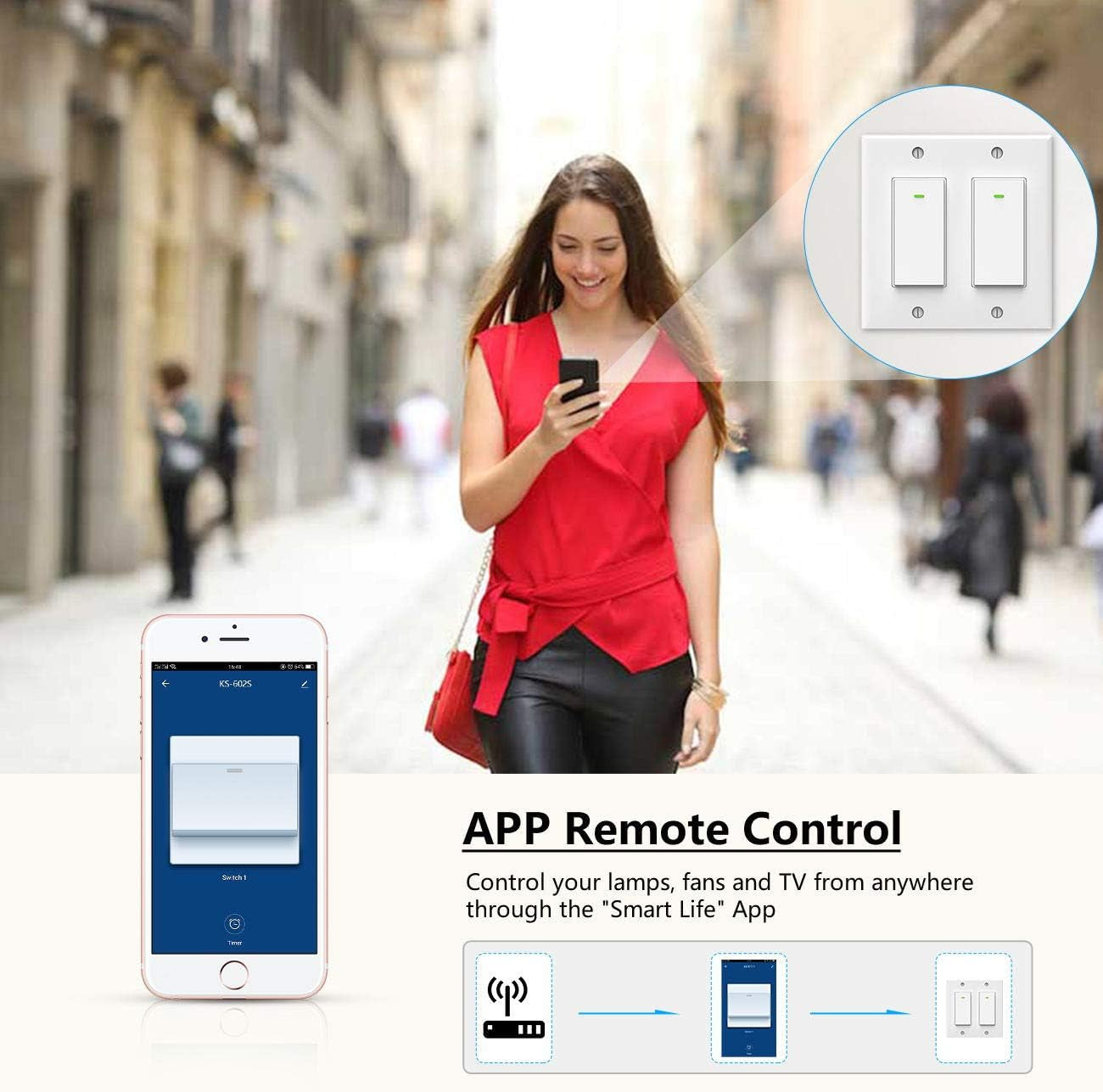 Smart Light Switch, Double Smart Wifi Light Switches, Smart Switch 2 Gang Works with Alexa Google Assistant