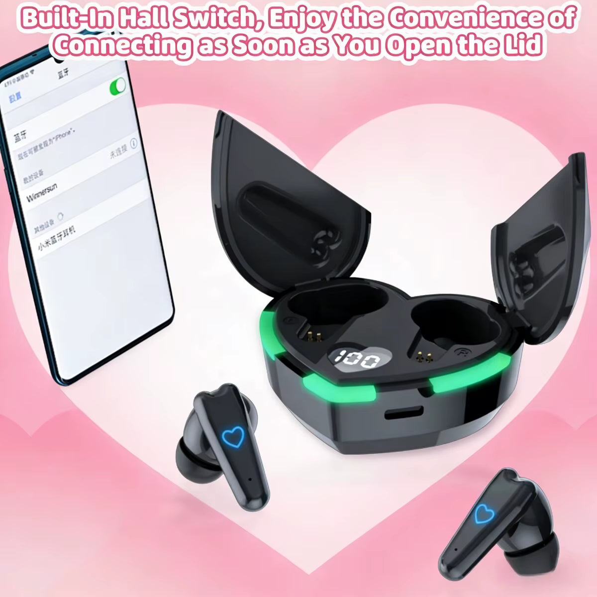 Cute Heart-Shaped TWS Bluetooth Earbuds Digital Display Wireless Stereo Sound Earphones for Couple Girls Birthday Holiday Gifts