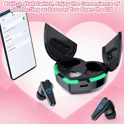 Cute Heart-Shaped TWS Bluetooth Earbuds Digital Display Wireless Stereo Sound Earphones for Couple Girls Birthday Holiday Gifts