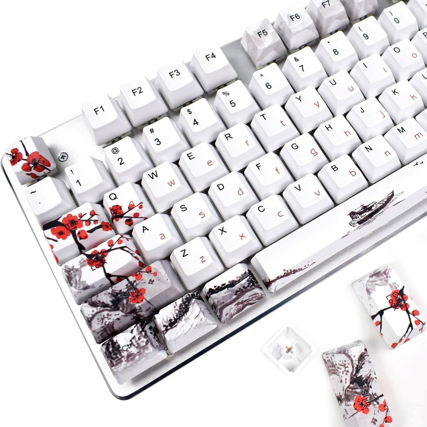 Keycaps 110 Set for Full Size Mechanical Keyboard, Custom PBT OEM Profile Key Caps Japanese Style with Keycap Puller for Cherry MX 104/87/71/61 60 Percent Keyboard(Plum Blossom)