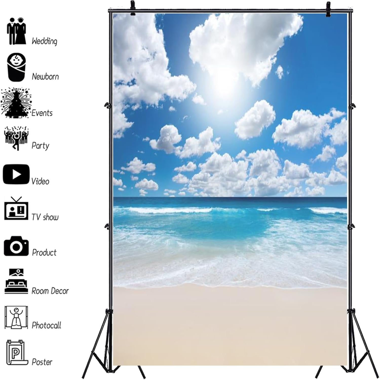 5X7Ft Seaside Beach Backdrop Blue Pure Sea Water Backdrops Blue Sky White Cloud Seaside Wedding Tropical Siesta Back Ddrop Holiday Festival Photo Shooting Props Booth Props