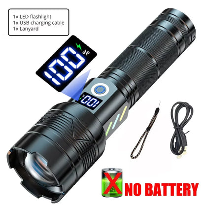 High Power LED Flashlight Type-C Rechargeable Tactical Zoom Torch Use 26650 Battery Camping Fishing Lantern with Power Display