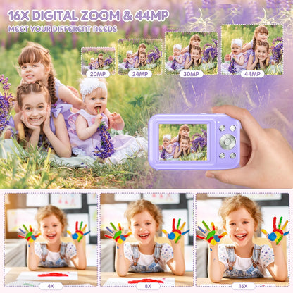 Digital Camera Kids Camera with 32GB Card FHD 1080P 44MP Vlogging Camera 16X Digital Zoom Portable Camera (Purple)