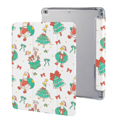 A clear protective TABLET case with a white back cover featuring a festive Christmas pattern of ducks in Santa outfits, Christmas trees, bows, and snowflakes, shown from both front and back angles.