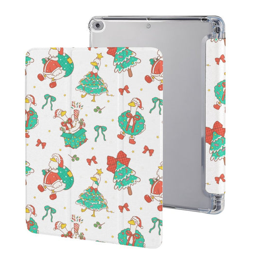 A clear protective TABLET case with a white back cover featuring a festive Christmas pattern of ducks in Santa outfits, Christmas trees, bows, and snowflakes, shown from both front and back angles.