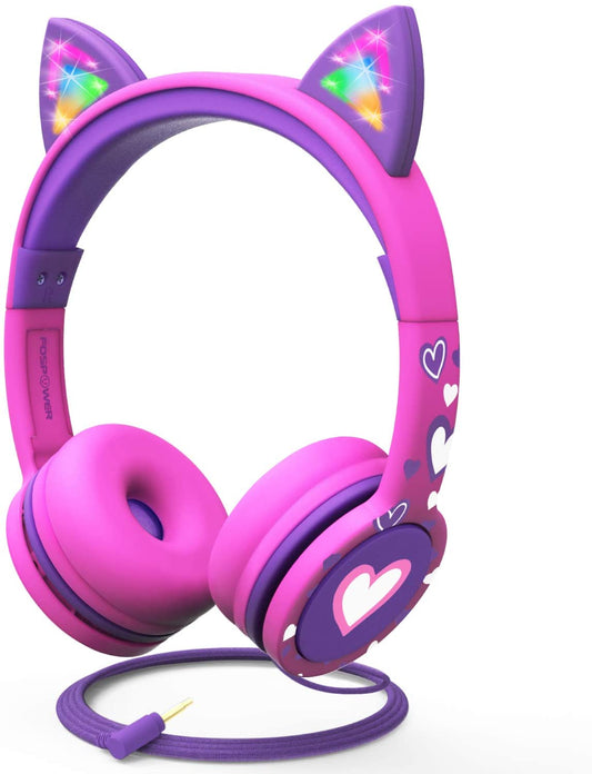 Kids Headphones with LED Cat Ears (85Db Safe Volume Limit), 3.5Mm Soft On-Ear Wired Headphones with Tangle-Free Laced Cables for Ipad/Tablet/School/Travel - Hot Pink/Purple