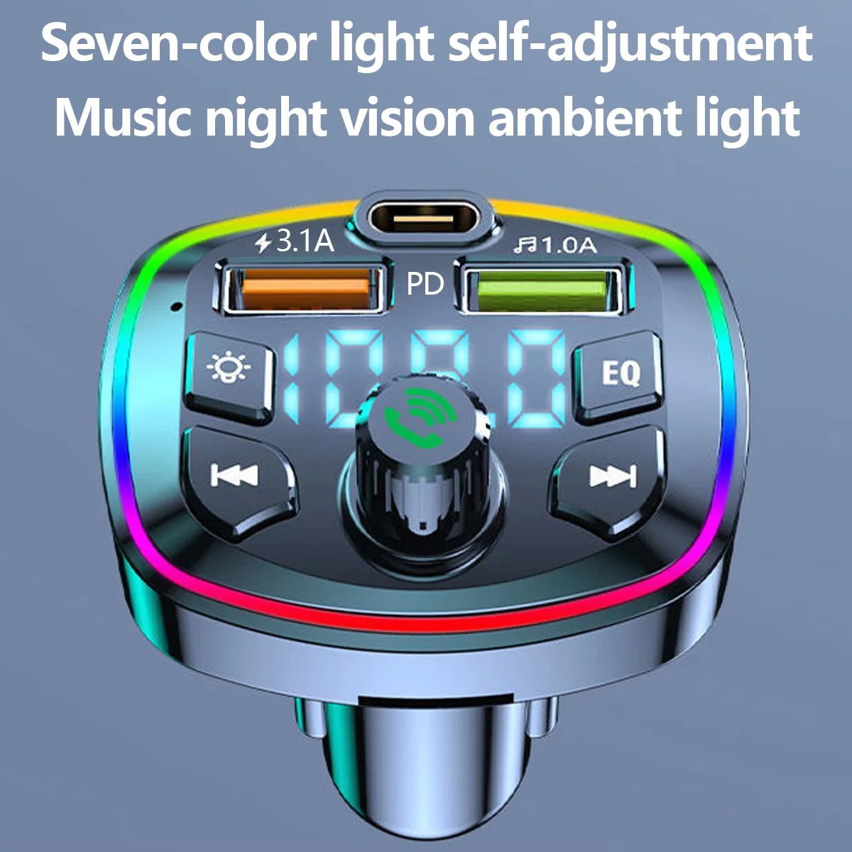 Car MP3 Player Bluetooth 5.0 FM Transmitter W/2 USB Charger and PD QC Interface Wireless FM Modulator W/ Built-In Mic and CVC Technology Car Radio Adapter W/ 7-Colors Backlight for Cars