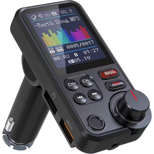 Bluetooth FM Transmitter Car Adapter with Microphone and 1.8 Screen for QC3. 0 Charging, Treble Bass Music Player
