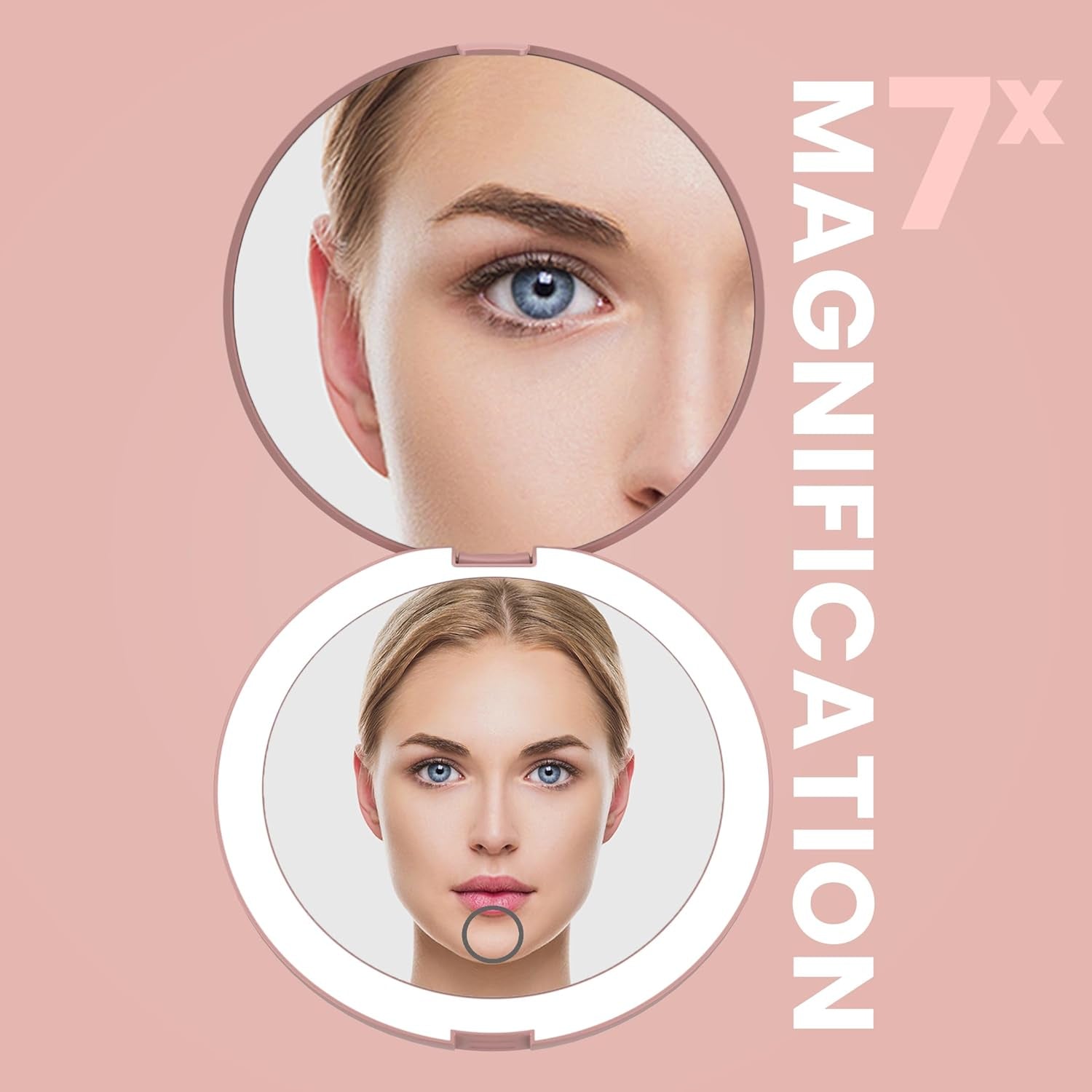 Compact Travel Mirror | Travel Makeup Mirror with Light | LED Lighted Vanity Mirror with 3 Light Modes | 7X Magnification Folding Portable & Rechargeable (Rose Gold)