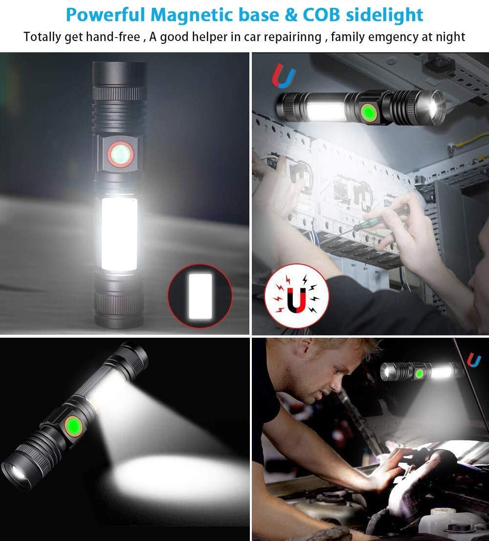 Flashlight USB Rechargeable, Magnetic LED Flashlight, Super Bright LED Tactical Flashlight with Cob Sidelight, Waterproof, Zoomable Best Small LED Flashlight for Camping, Emergency Flashlights