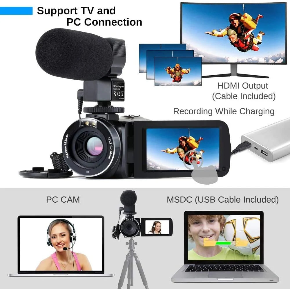 4K Camcorder Vlogging Camera for Youtube Ultra HD 4K 48MP Video Camera with Microphone & Remote Control Wifi Digital Camera 3.0" IPS Touch Flip Screen IR Night Vision 2 Batteries