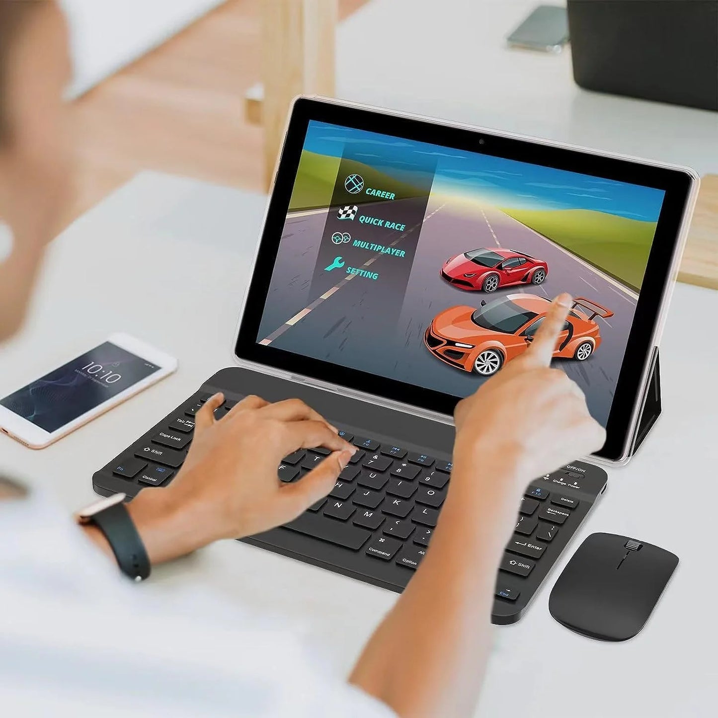 2 in 1 Tablet, 10 Inch Tablet Android Tablets PC with Keyboard Case Mouse Stylus, 4GB RAM+64GB ROM 512GB Expandable Tableta Computer, 10.1 IPS Screen, 2+8MP Dual Camera, Wifi BT Google Play.