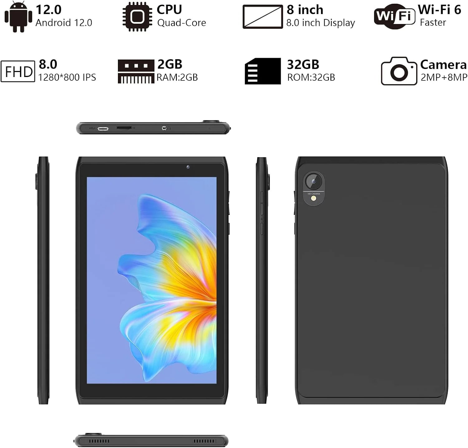 8 in 1280 X 800 Child Tablet, 32 GB, Android 12, Wi-Fi, Black