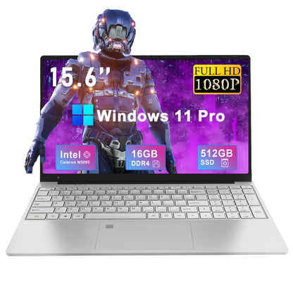 15.6 Inch 1080P FHD Laptop Computer 16GB RAM 512GB SSD with 4 Core Intel Celeron N5095, Fingerprint, Backlit Keyboard, Windows 11 Pro