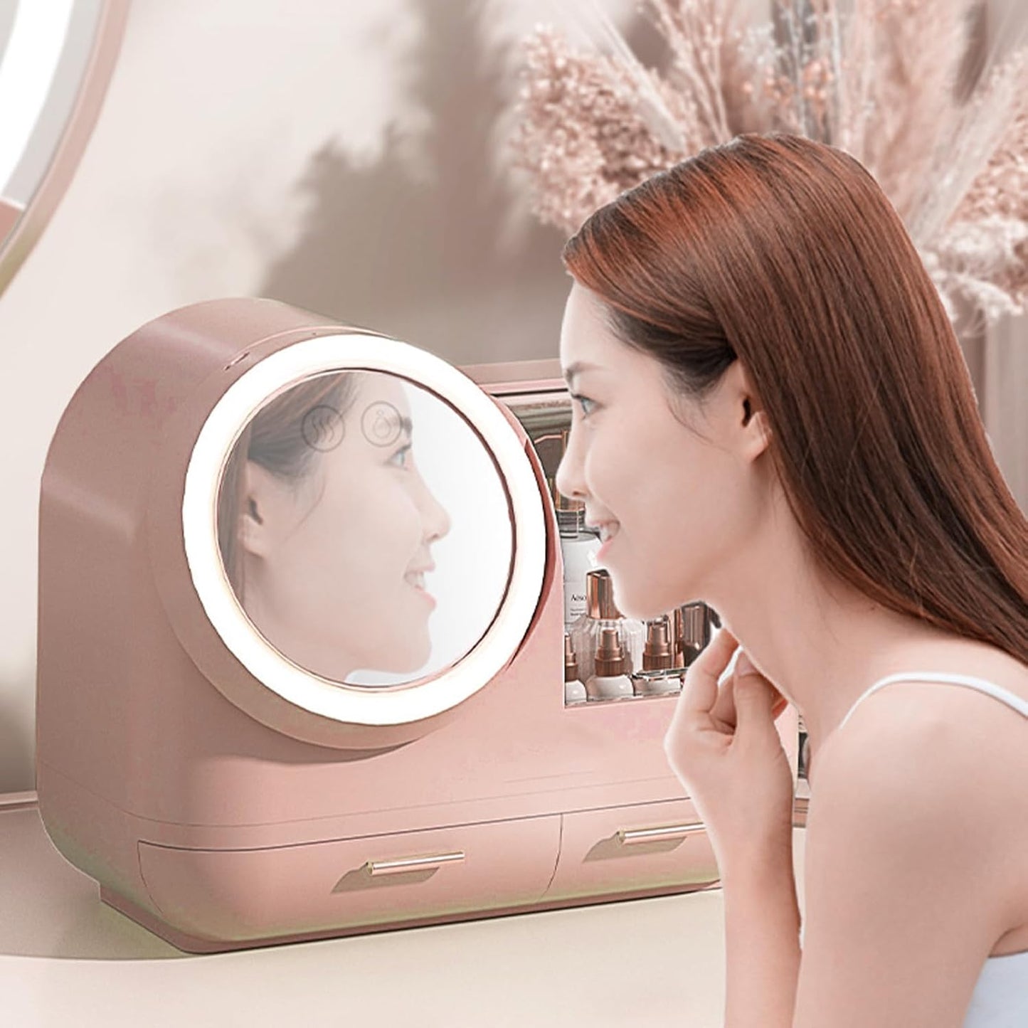 Mirror Fan Makeup Case, Portable Makeup Organizer with Mirror and LED Light, Cosmetic Storage Display Case,Large Capacity Mirror Makeup Storage Box for Women ()