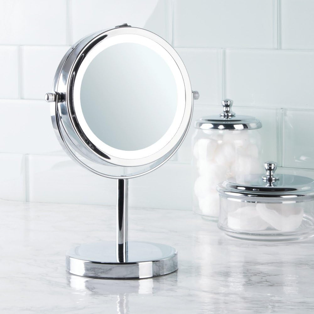 Idesign Lighted Free Standing Vanity Makeup Mirror for Bathroom Countertops - Chrome, 10" Inch