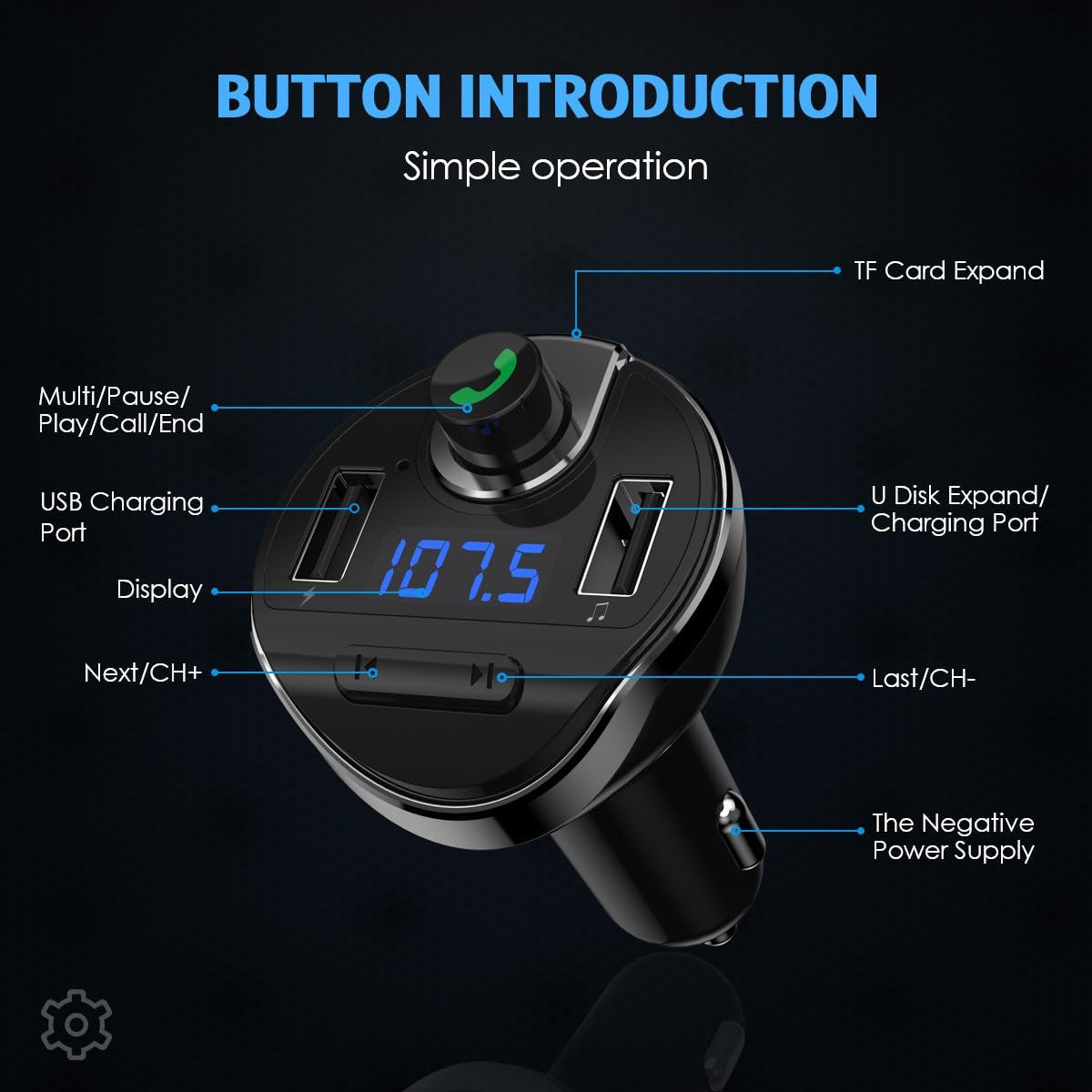 Aux Bluetooth Adapter for Car, Handsfree Call Dual Ports Charger, FM Radio Transmitter Receiver, Mp3 Audio Wireless Music Player HI-FI Stereo Sound Compatible for All Cars and Smartphone