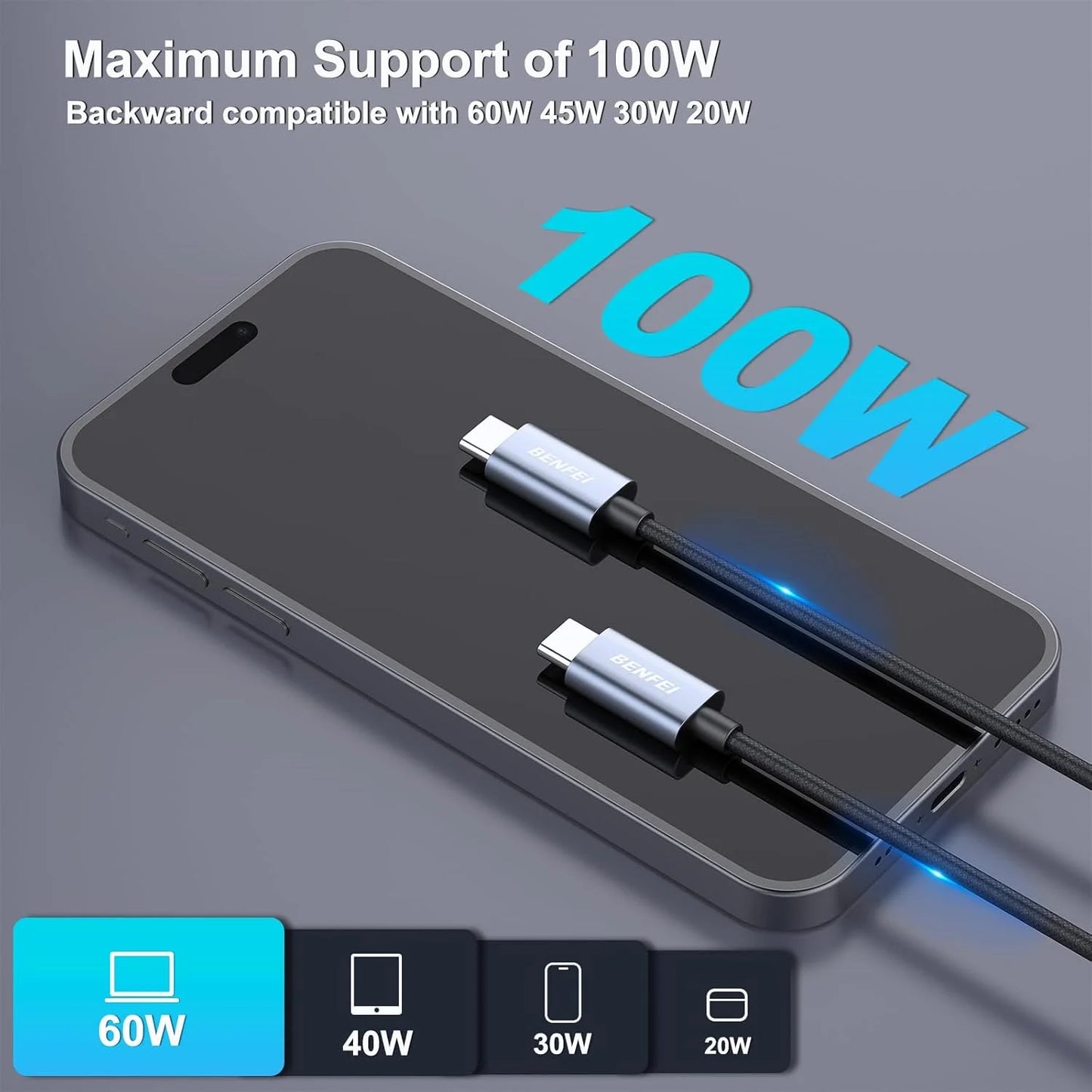 USB C Fast Charging Cable(100W 6.6Ft), Tangle-Free Silicone USB C Cable, Aluminum Shell