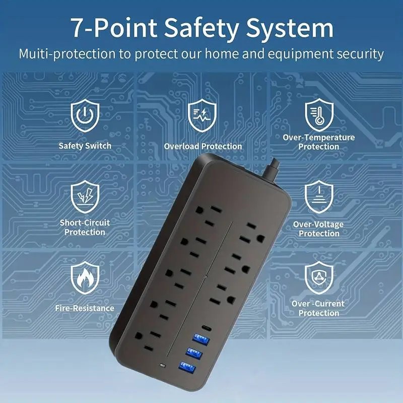 8-Outlet Power Strip with Surge Protection - 3 USB Ports & 1 USB-C