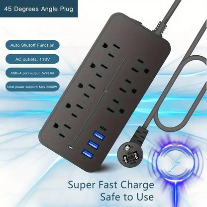 8-Outlet Power Strip with Surge Protection - 3 USB Ports & 1 USB-C