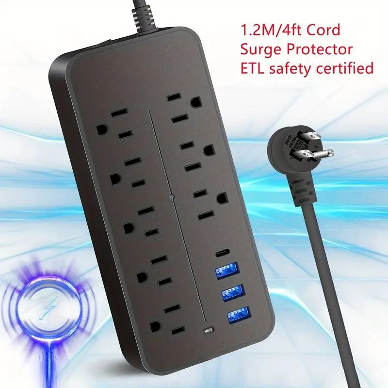 8-Outlet Power Strip with Surge Protection - 3 USB Ports & 1 USB-C