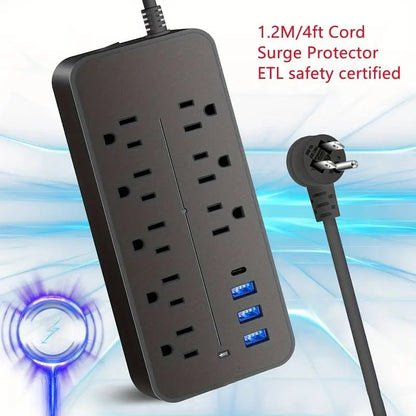 8-Outlet Power Strip with Surge Protection - 3 USB Ports & 1 USB-C