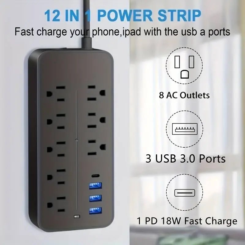 8-Outlet Power Strip with Surge Protection - 3 USB Ports & 1 USB-C