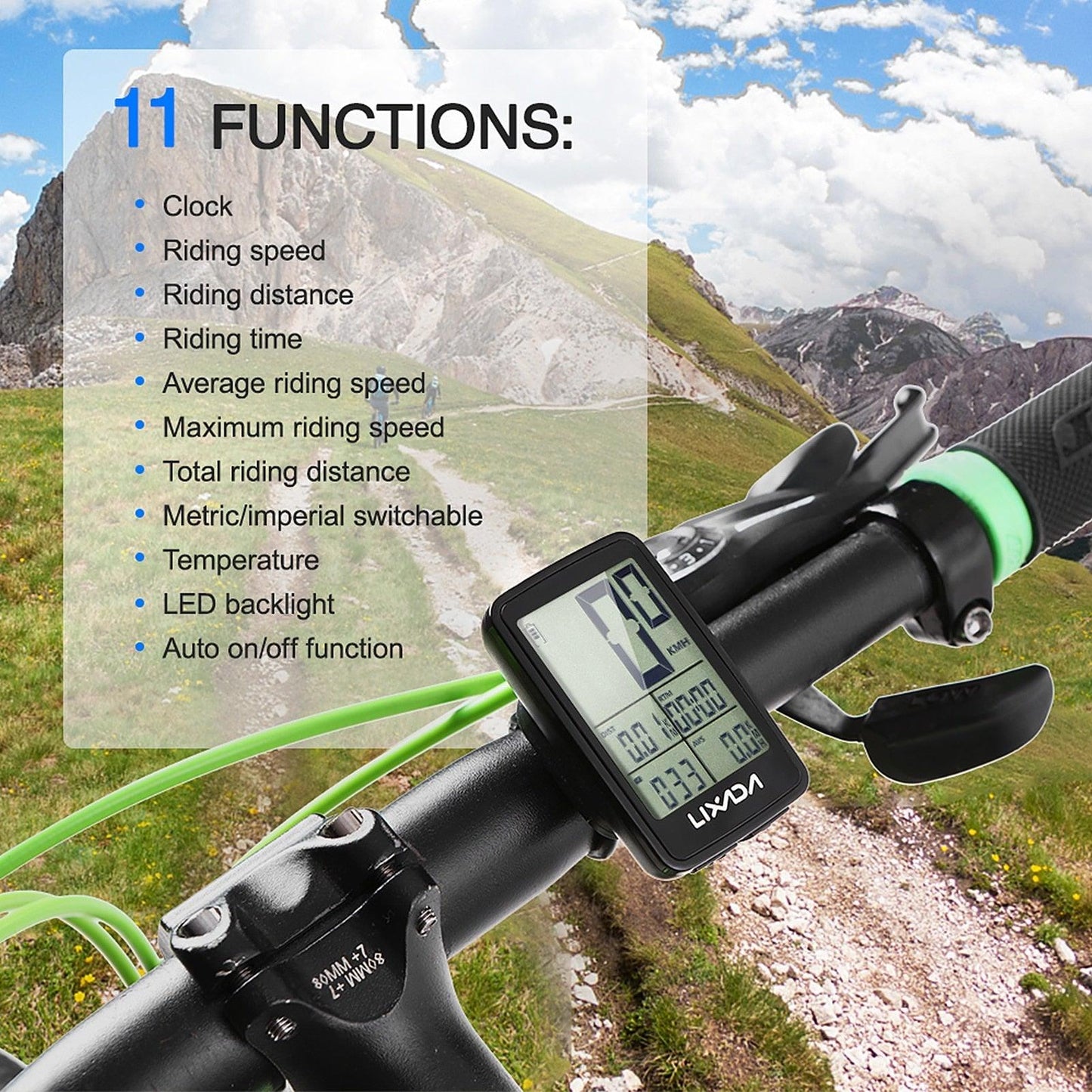 Wireless Bike Speedometer with LCD Backlight – 11 Functions, Waterproof Cycling Computer, Auto Motion Sensor, Speed/Distance/Cadence/Temperature, Rechargeable Battery
