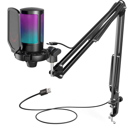 USB Gaming Microphone Kit – Type‑C Plug-and-Play, RGB Lighting, Boom Arm, Pop Filter, Touch Mute