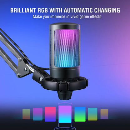 USB Gaming Microphone Kit – Type‑C Plug-and-Play, RGB Lighting, Boom Arm, Pop Filter, Touch Mute