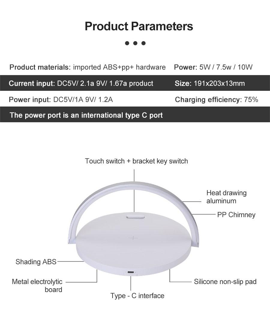 Wireless Charger LED Desk Lamp – 10W Fast Charging, 3-Level Touch Dimming, 180° Phone Holder, Type-C Cable Included